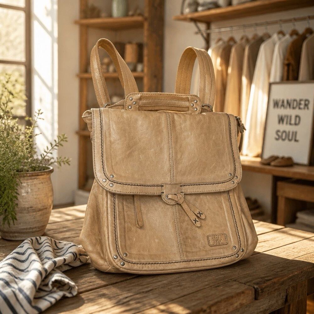 The Sak Ventura Leather Convertible Backpack Boho Messenger Shoulder Bag Flap